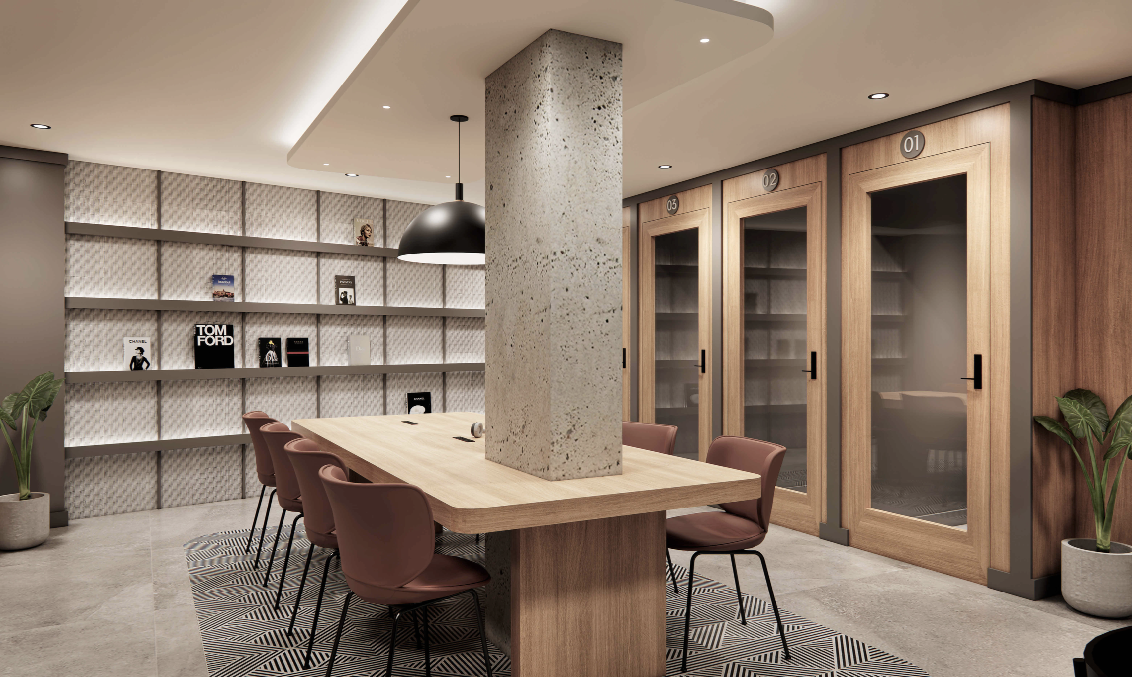 Beautiful coworking lounge for residents at THE GARRISON apartments in Fort Greene, Brooklyn