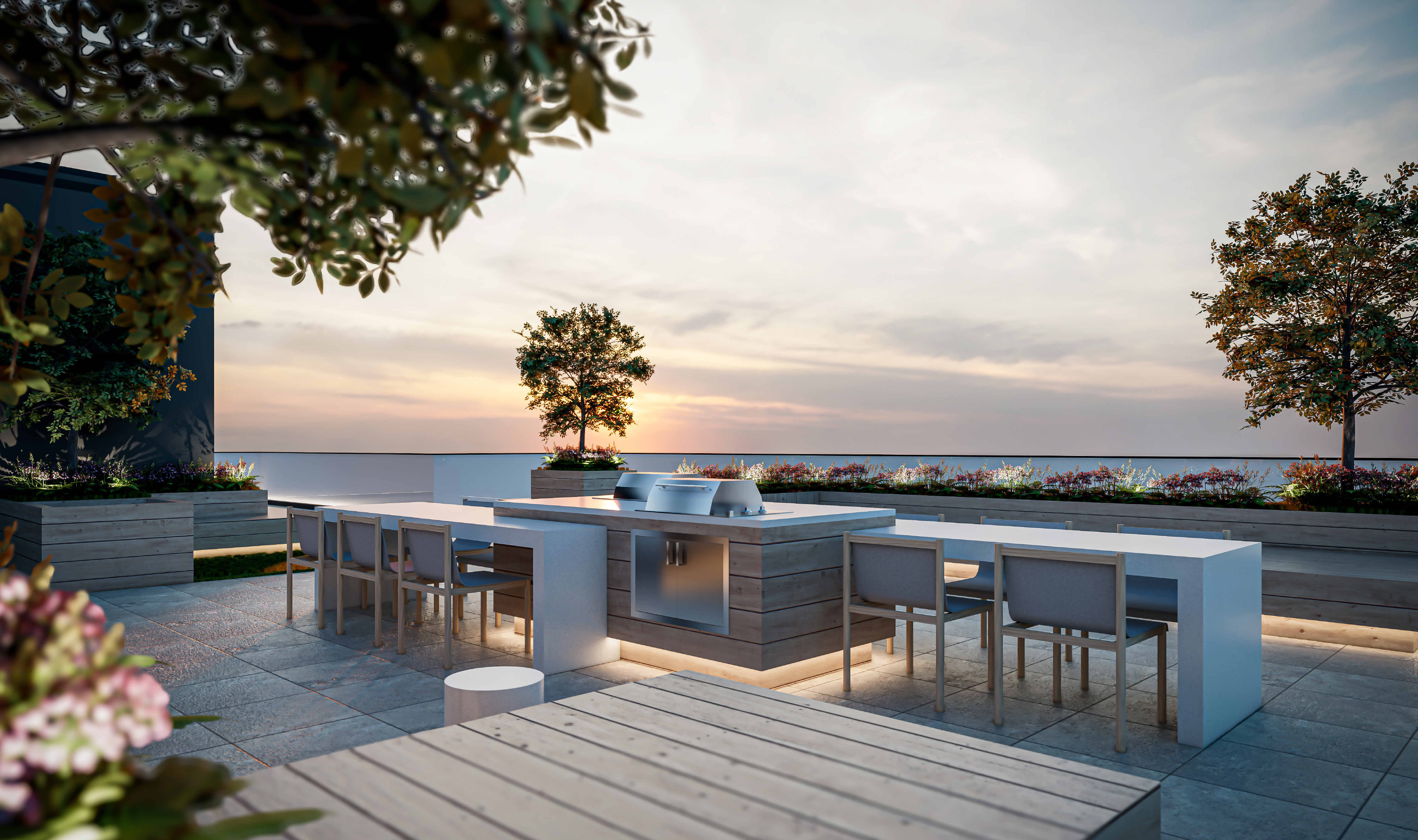 Rooftop terrace with skyline views at THE GARRISON apartments in Fort Greene, Brooklyn